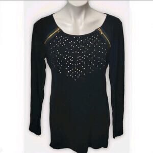 Cache Sweater Top Women MEDIUM Black Studded Jewel Zipper Accent Holiday Party